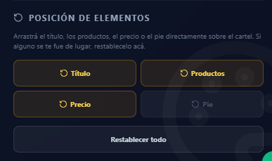Panel de Posición de Elementos con botones de restablecer