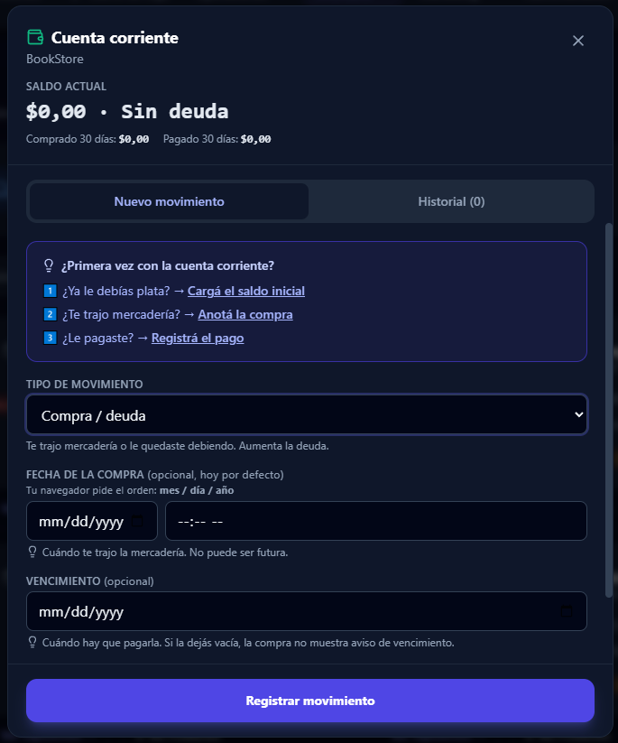 Formulario de compra con los dos campos de fecha: fecha de la compra y vencimiento