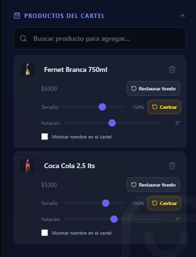 Panel de Productos del Cartel, con controles individuales por producto