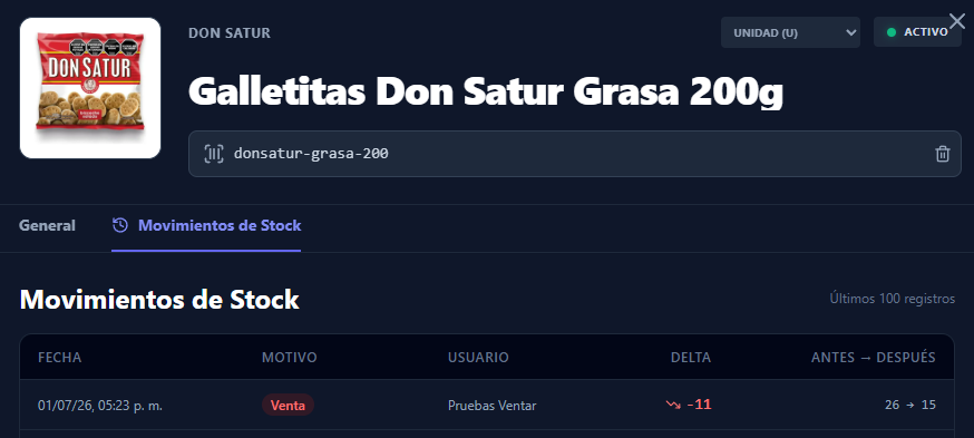 Historial de stock mostrando el descuento de las unidades regaladas