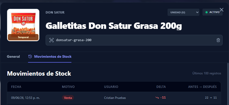 Historial de stock mostrando el descuento de las unidades regaladas