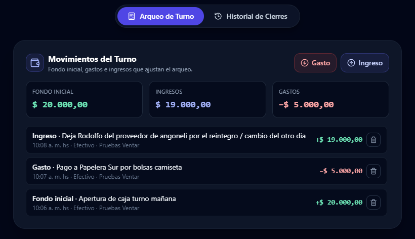 Panel de Movimientos del Turno con fondo inicial, gastos e ingresos