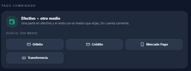Cobro combinado, permite cobrar una parte efectivo y la otra con otro medio de pago que elija el cliente.